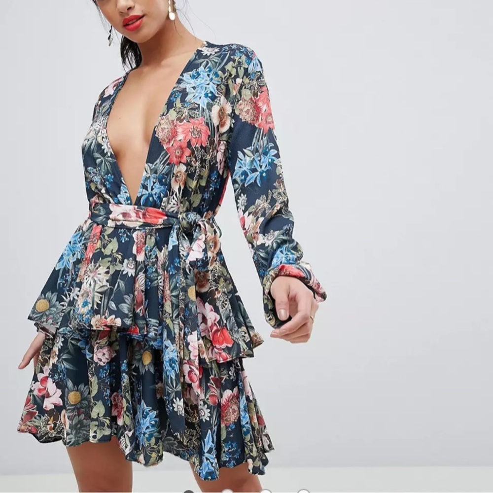John Zack Petite plunge front ruffle tea dress in dark floral print